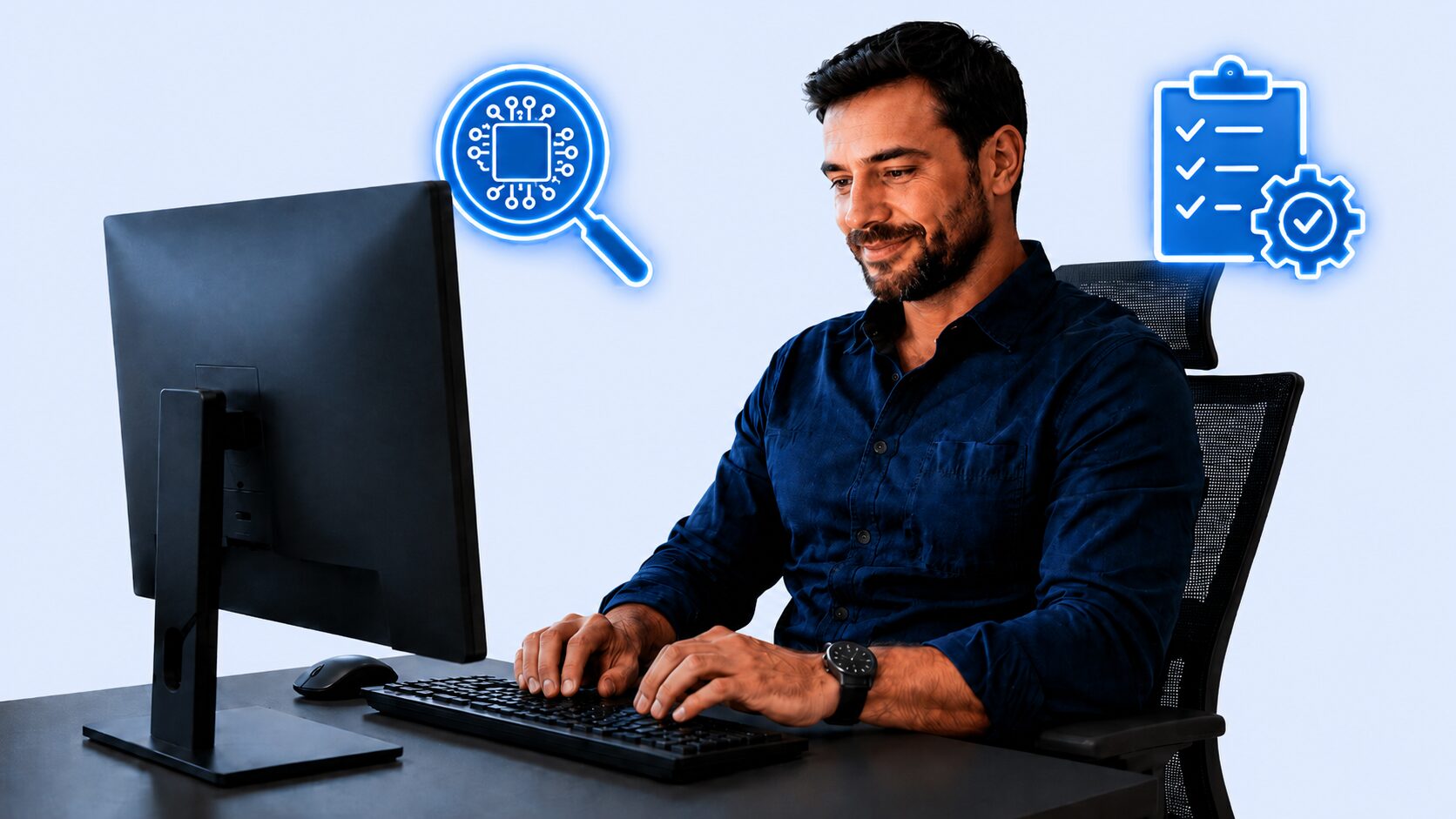 Especialista em TI realizando diagnóstico de infraestrutura com ícones de diagnóstico em neon